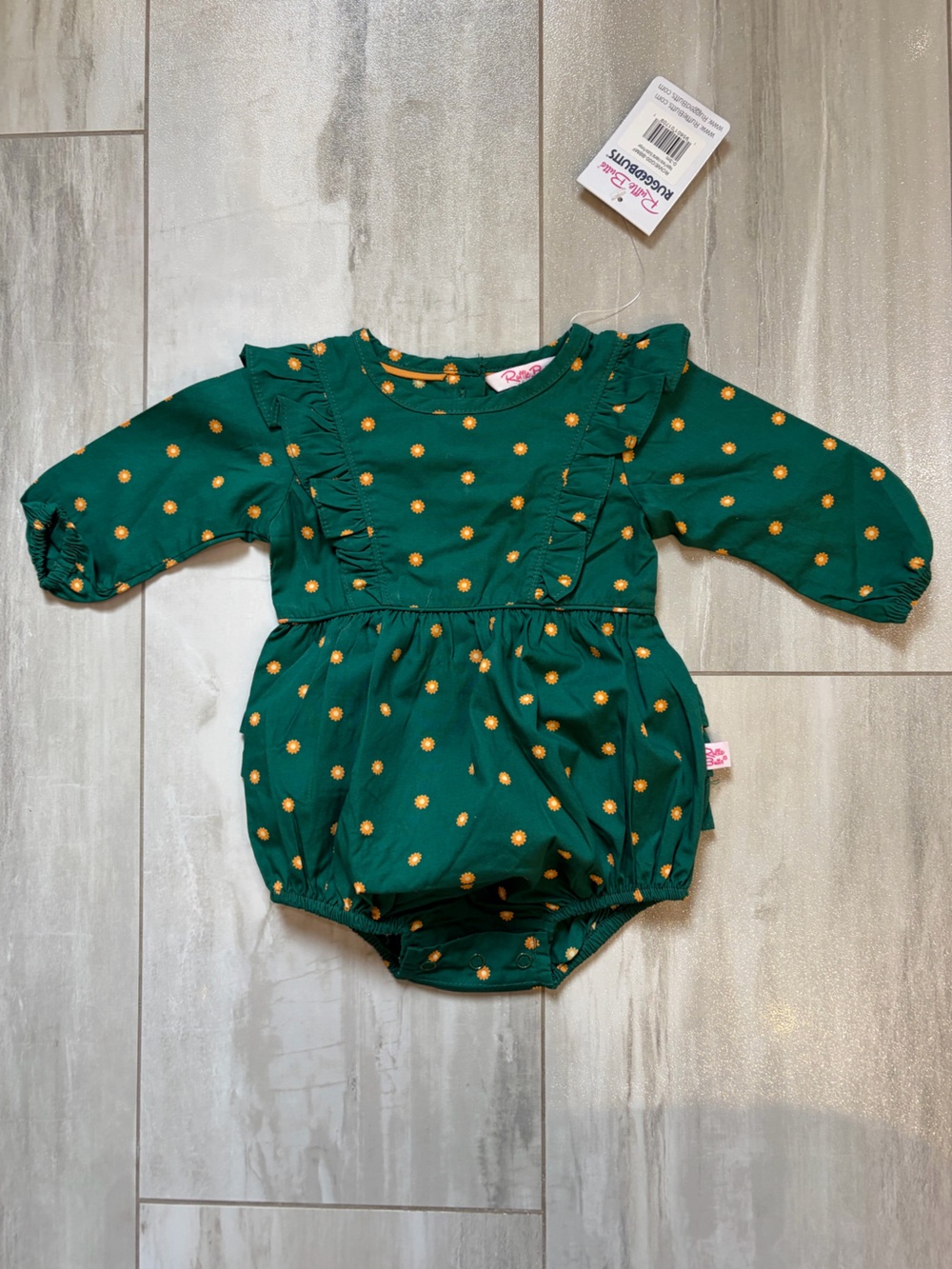 NWT RuffleButts Green Woven Cotton Maple Fields Ruffled Bubble Romper Girls 0-3M
